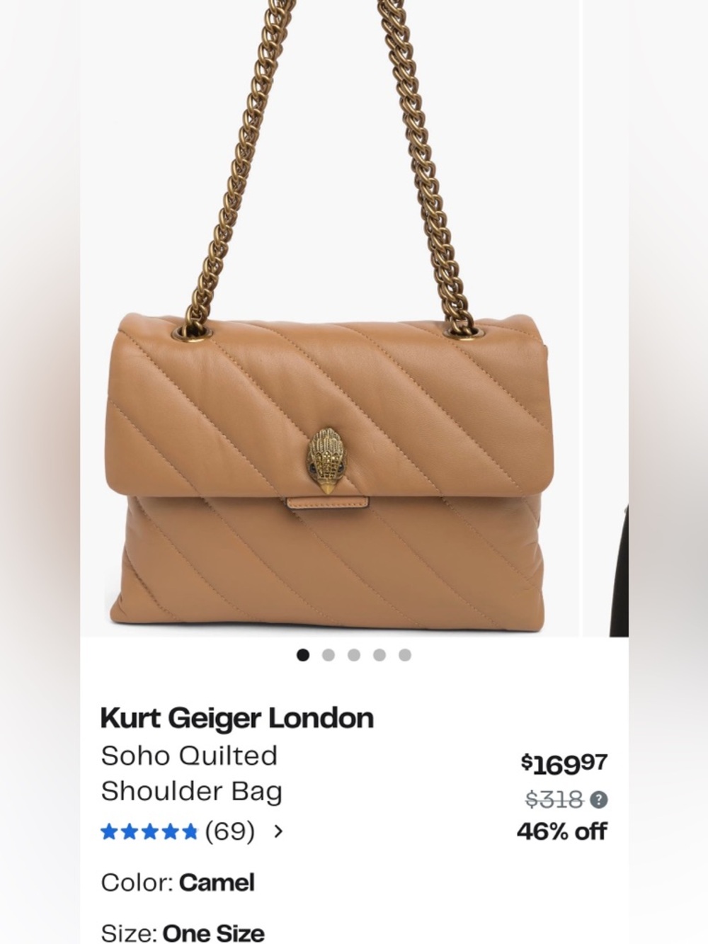 Kurt Geiger London Quilted Tan Leather Shoulder Bag with Chain Strap - Picture 2 of 16